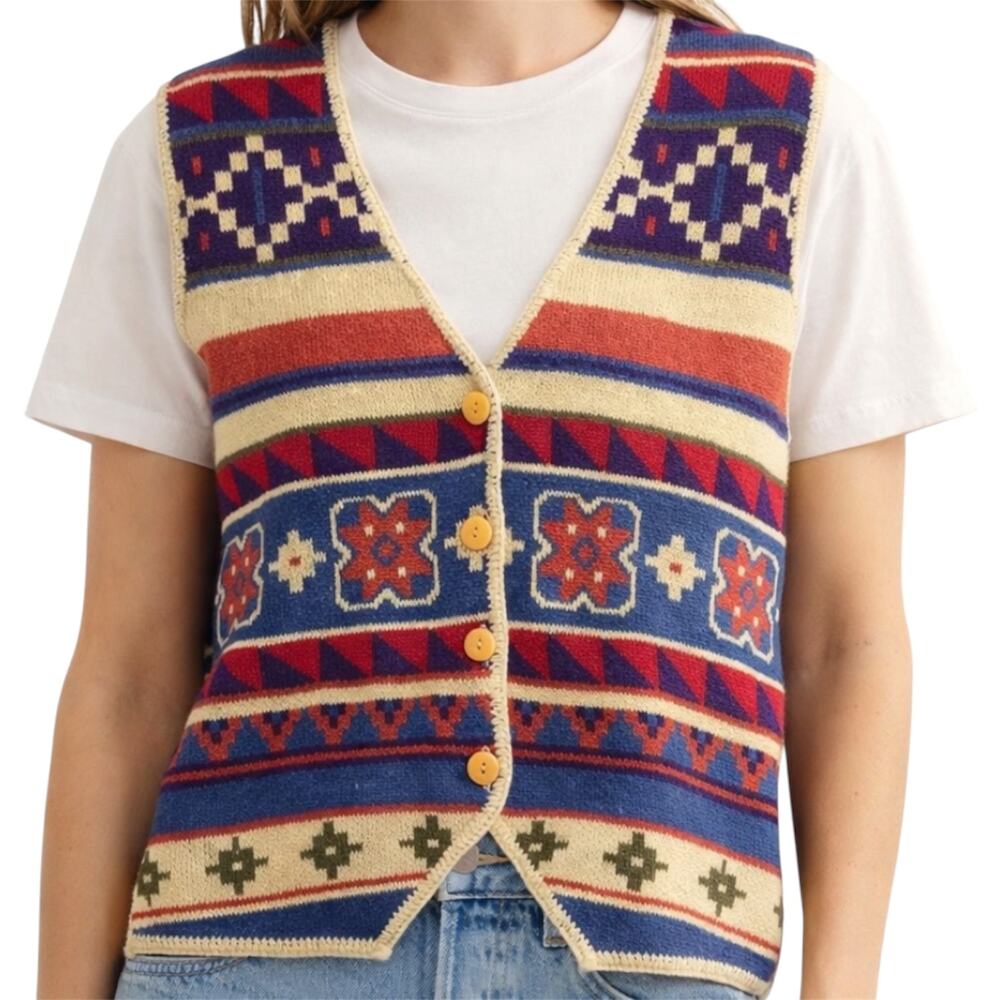 80s Vintage Sweater Vest Westbound Knit V-Neck Floral Aztec Multicolor 1X